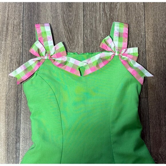 BONNIE JEAN GIRLS SLEEVELESS TULL DRESS SIZE 7 GRENN CHECKED BOWS COLORFUL - Picture 2 of 8